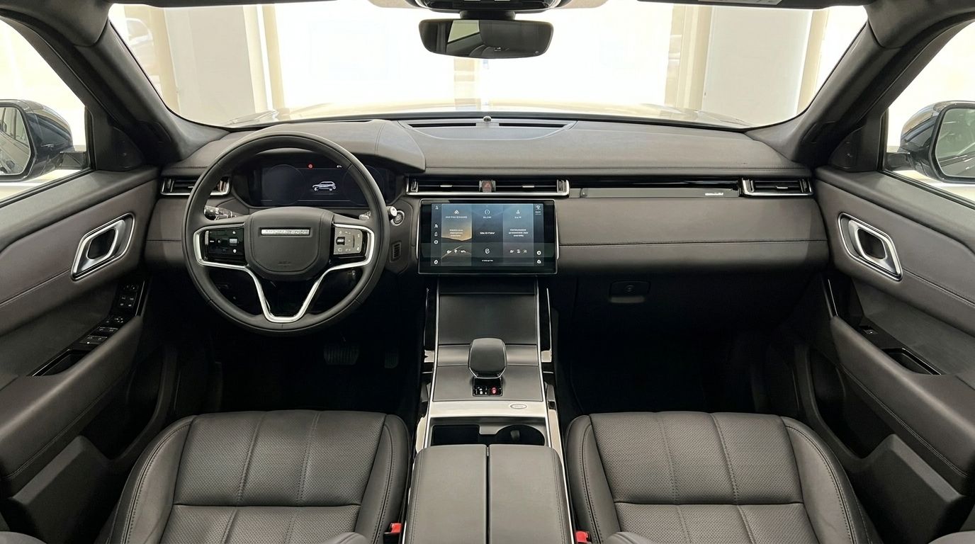 The luxurious interior of the 2024 Range Rover Velar Autobiography in Marbella, showcasing its sophisticated dashboard, steering wheel, and infotainment system.