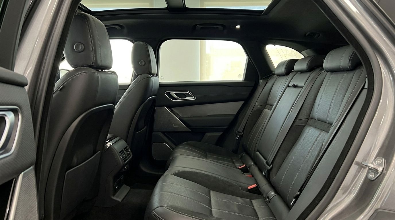 The luxurious rear interior of the Range Rover Velar Autobiography, featuring black leather seats and a panoramic sunroof, available in Marbella.