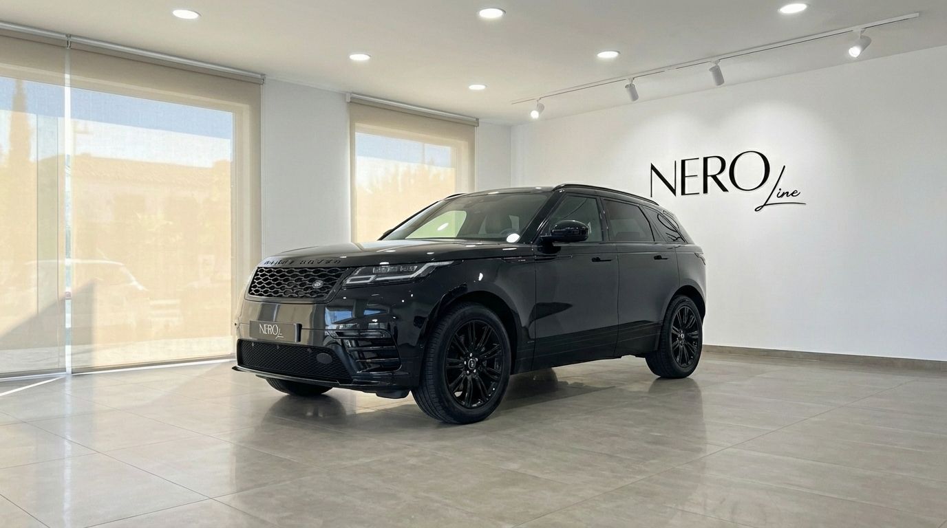 A metallic black 2022 Range Rover Velar is parked in a modern showroom with the NEROline logo visible in Alicante.