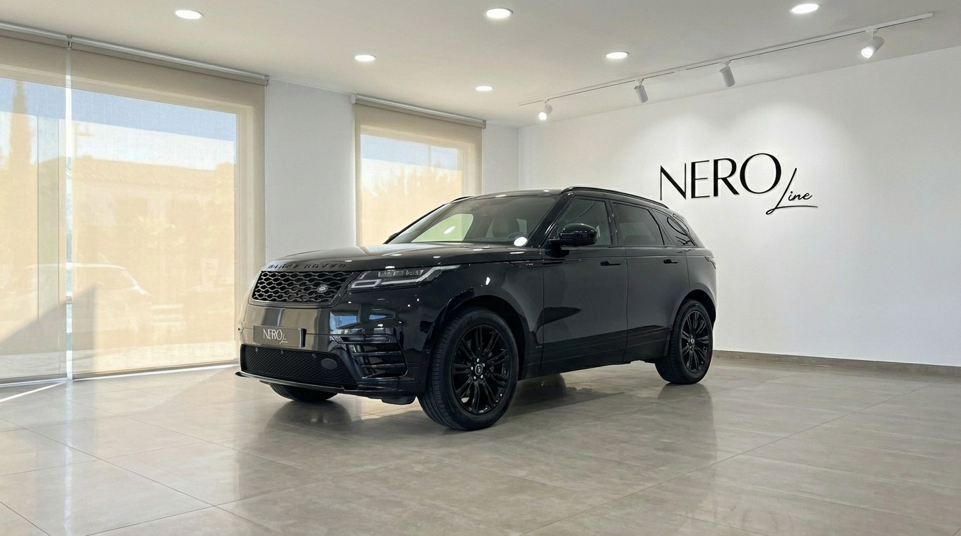 Range Rover Velar — Showroom in Alicante A metallic black 2022 Range Rover Velar is parked in a modern showroom with the NEROline logo visible in Alicante.