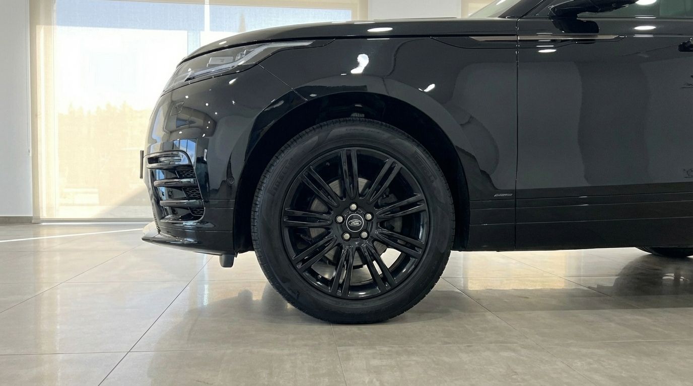 The metallic black Range Rover Velar's front wheel and side profile are showcased in a showroom in Alicante.