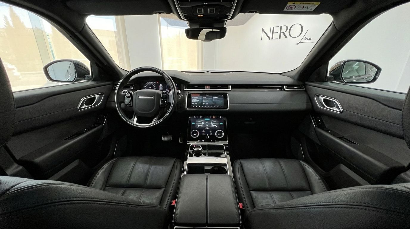 The luxurious black interior of the Range Rover Velar in Alicante, showing the steering wheel, dual touchscreens, and leather seats.