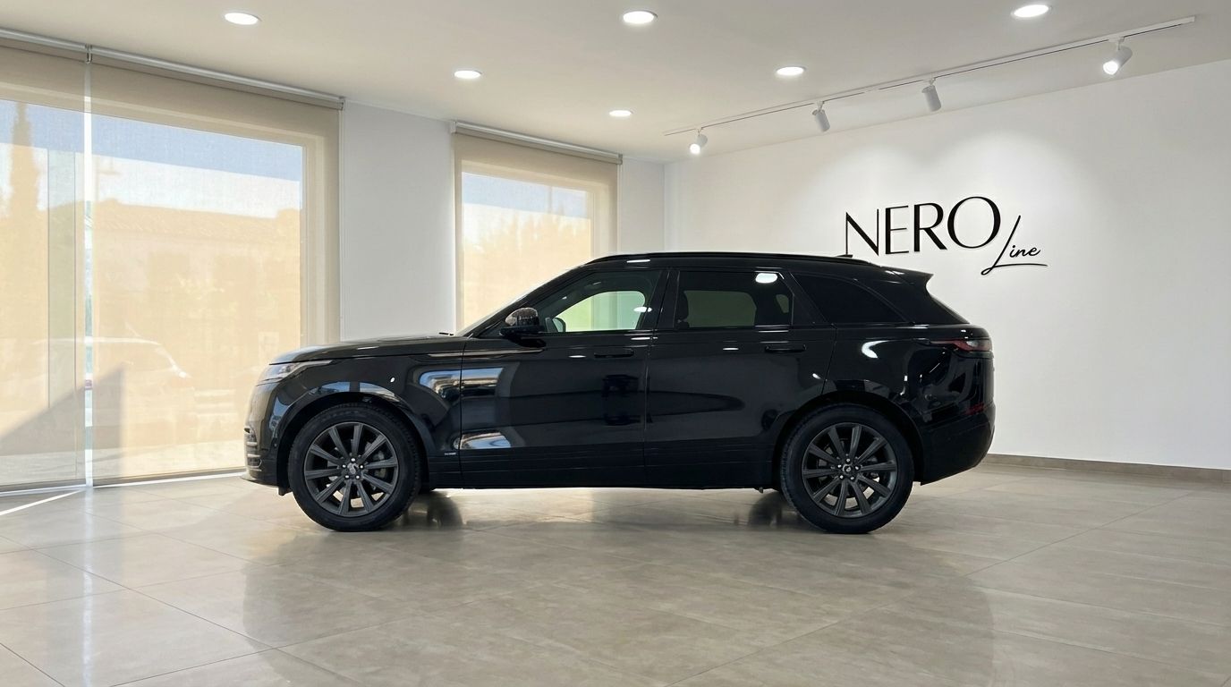 The sleek black Range Rover Velar is showcased from its side profile in a bright, modern showroom in Alicante.