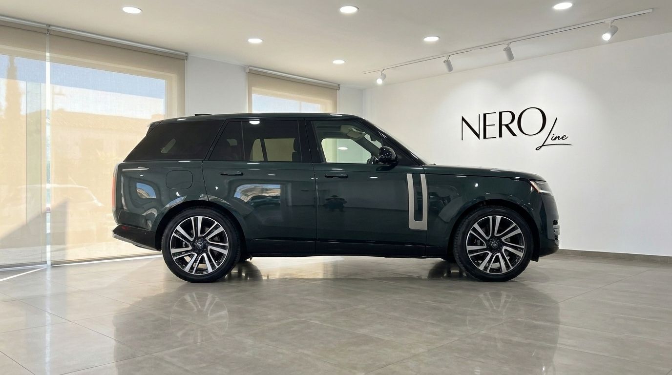 El Range Rover Vogue 2022 verde oscuro se exhibe en un concesionario, visto de perfil elegante en Madrid.
