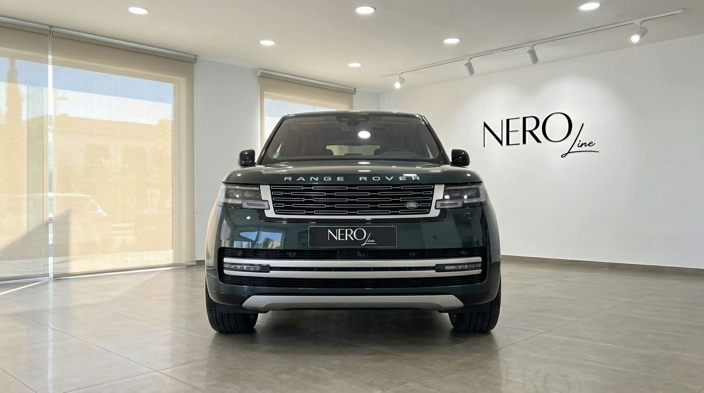 El Range Rover Vogue 2022 verde oscuro brillante se exhibe de frente en un moderno concesionario en Madrid.