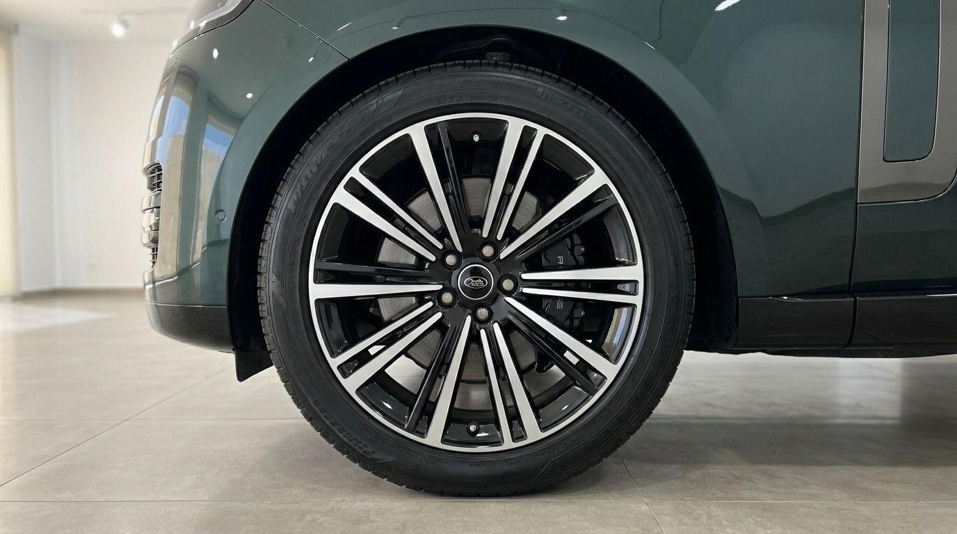 La rueda delantera de un Range Rover Vogue 2022 verde oscuro se muestra prominentemente, con elegantes llantas multirradio negras y plateadas.