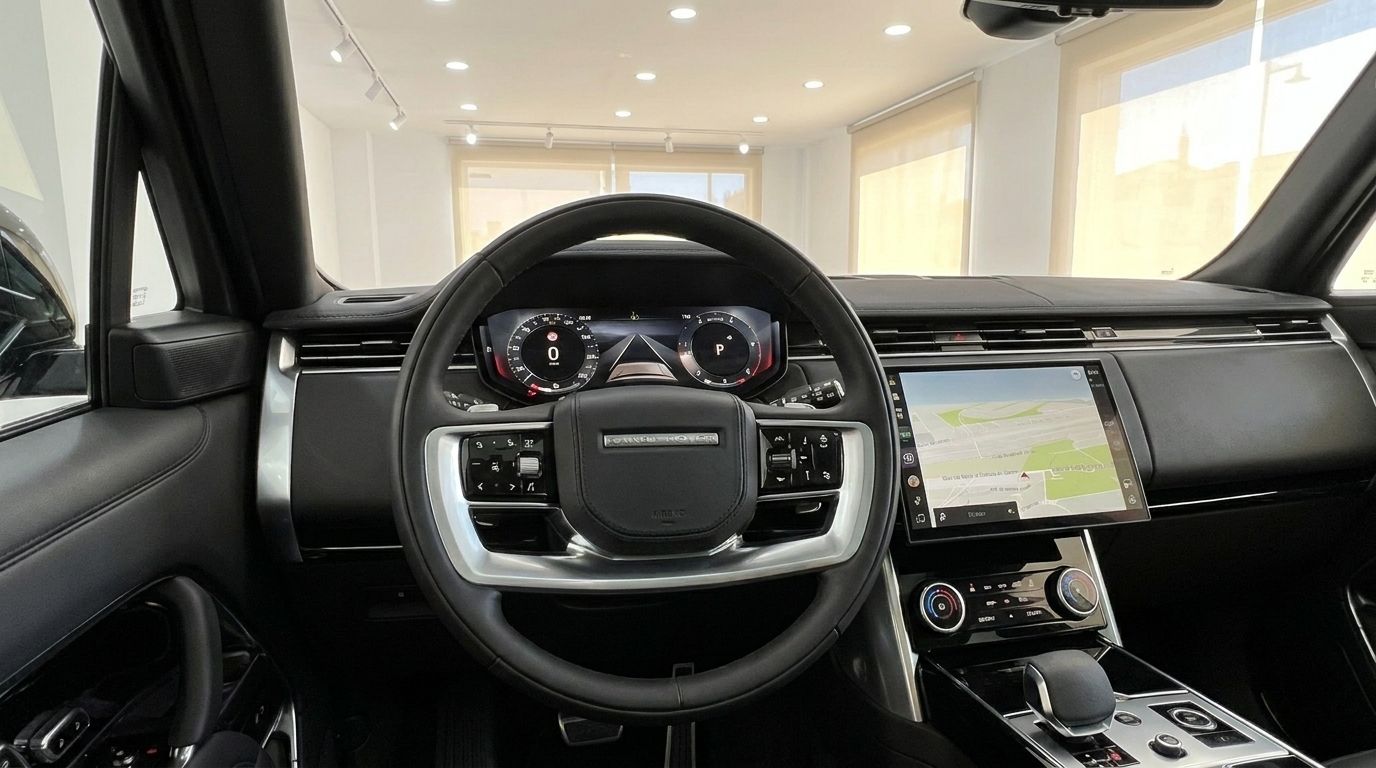 El lujoso habitáculo del Range Rover Vogue 2022 en Madrid, mostrando el volante, el salpicadero digital y la pantalla de infoentretenimiento.