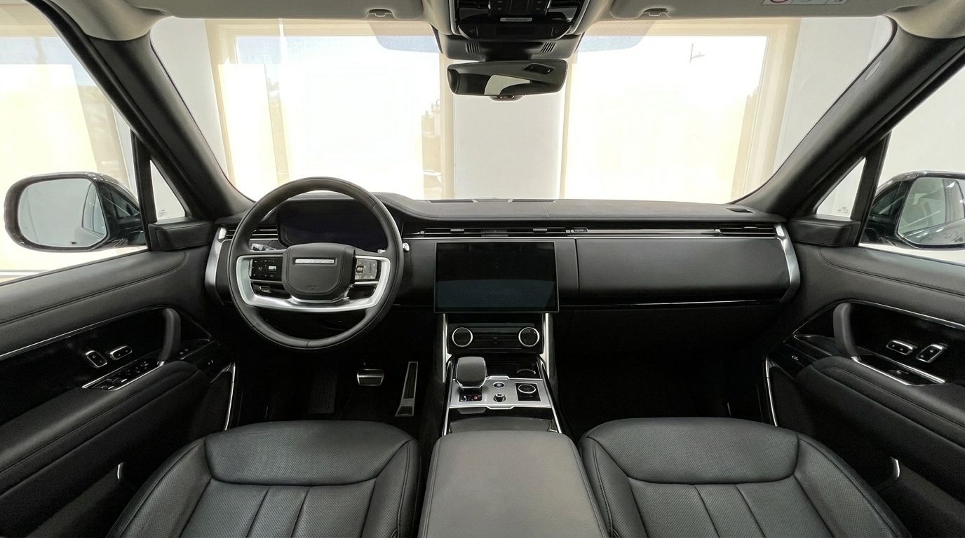 El lujoso interior de cuero negro y el moderno salpicadero del Range Rover Vogue, con una gran pantalla de infoentretenimiento, en Madrid.