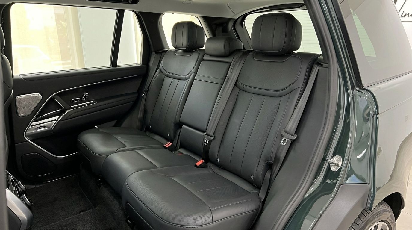 La imagen muestra los lujosos asientos traseros de cuero negro y el panel de la puerta del Range Rover Vogue en Madrid.