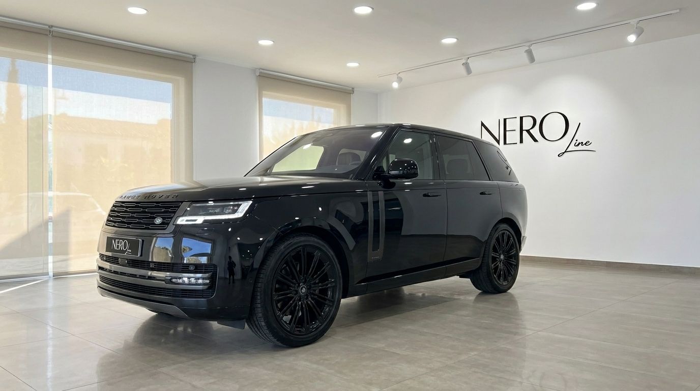 El Range Rover Vogue Autobiography 2023 negro brillante Santorini se exhibe desde un ángulo frontal-lateral en un concesionario de Madrid.