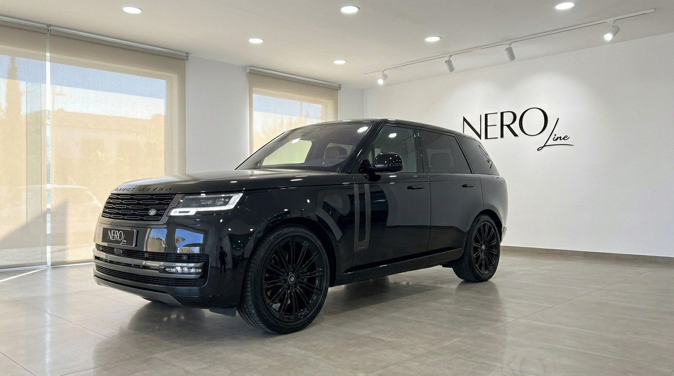 Range Rover Vogue Autobiography — Vista de showroom El Range Rover Vogue Autobiography 2023 negro brillante Santorini se exhibe desde un ángulo frontal-lateral en un concesionario de Madrid.