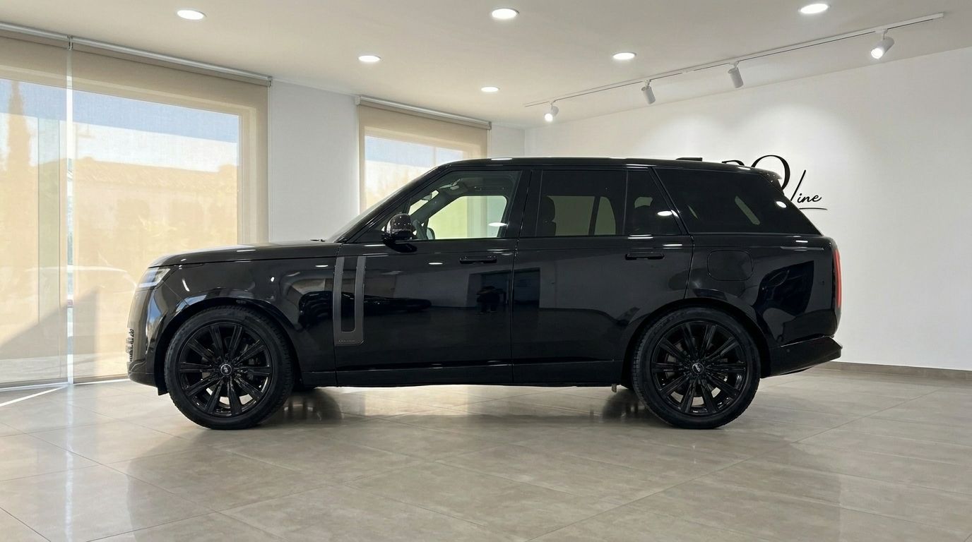El Range Rover Vogue Autobiography 2023 negro Santorini brillante se muestra de perfil lateral dentro de un showroom en Madrid.