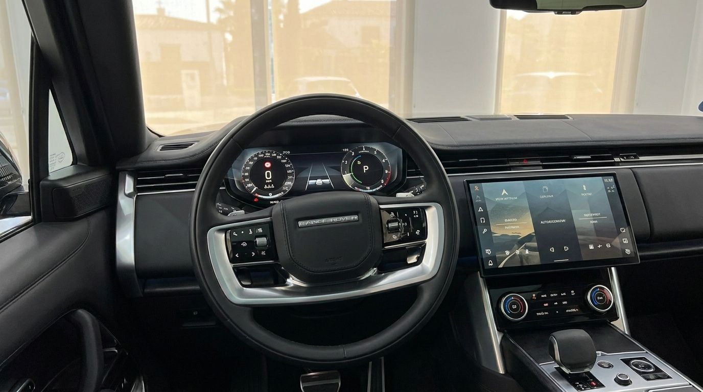 El lujoso habitáculo interior del Range Rover Vogue Autobiography 2023 en Madrid, mostrando el volante y el salpicadero digital.