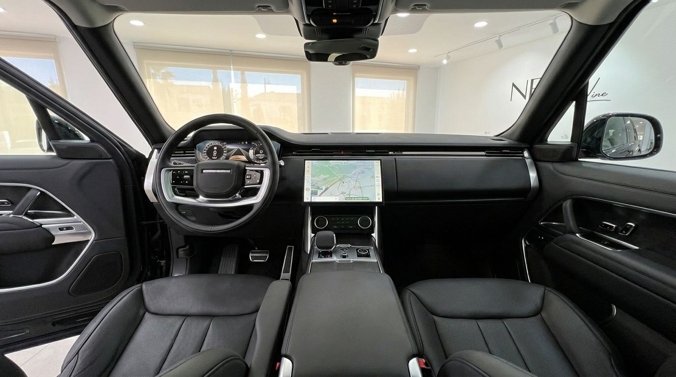 El lujoso interior del Range Rover Vogue Autobiography en Madrid, mostrando el salpicadero, volante, pantalla central y asientos de cuero negro.