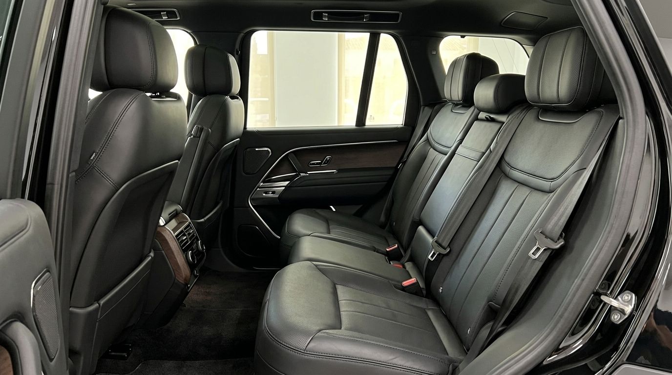 Los lujosos asientos traseros de cuero negro y el panel de la puerta con molduras de madera del Range Rover Vogue Autobiography en Madrid.