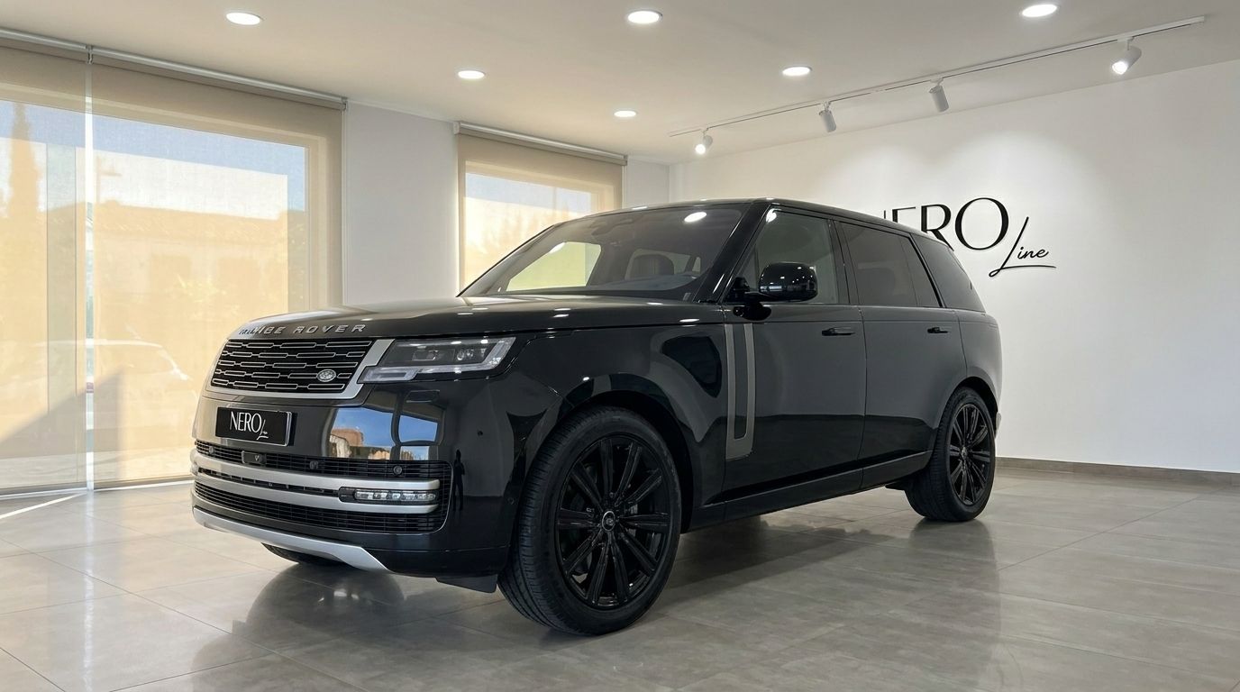 The glossy black 2026 Range Rover Vogue HSE LWB is showcased from a front three-quarter angle in a Marbella showroom.