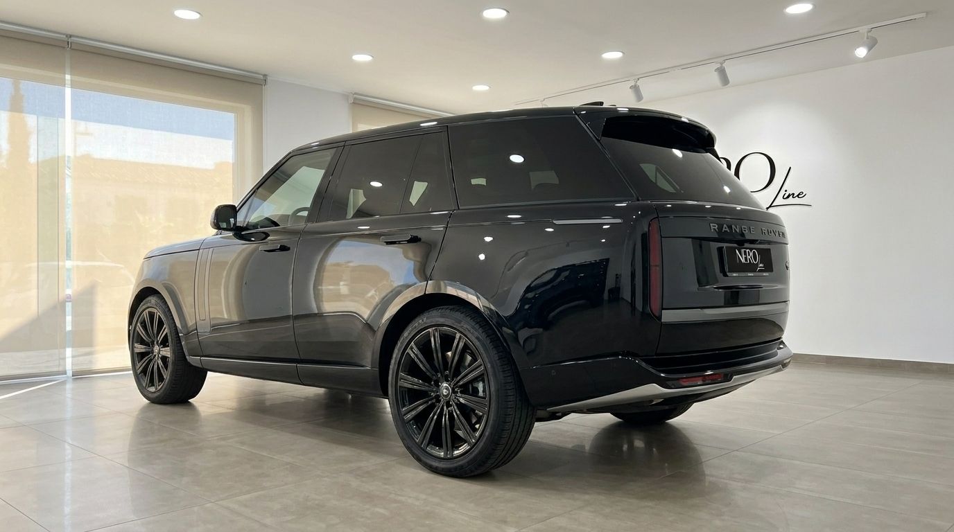 The black Range Rover Vogue HSE LWB is parked in a showroom, viewed from the rear three-quarter angle in Marbella.