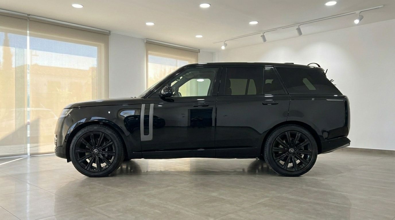 The black Range Rover Vogue HSE LWB is shown in a side profile view inside a showroom in Marbella.