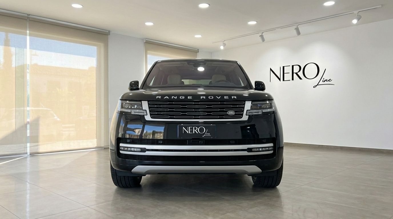 The black Range Rover Vogue HSE LWB is prominently displayed from a front view inside a showroom in Marbella.