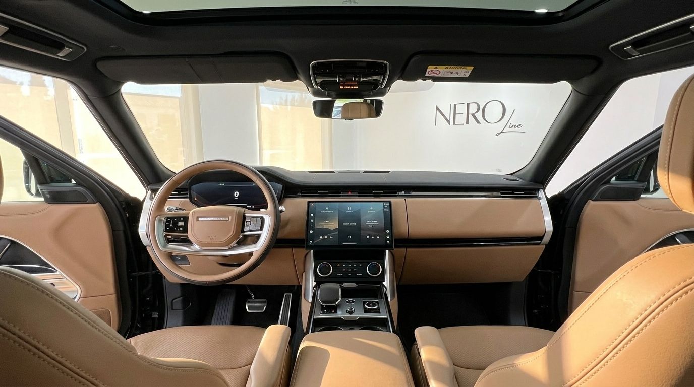 The luxurious interior of the Range Rover Vogue HSE LWB in Marbella, featuring a modern cockpit, digital dashboard, and tan leather seats.
