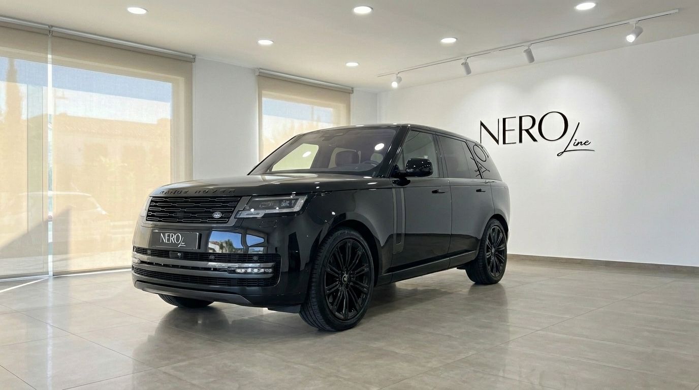 A black 2025 Range Rover Vogue LWB Autobiography is shown from the front three-quarter angle in a Marbella showroom.