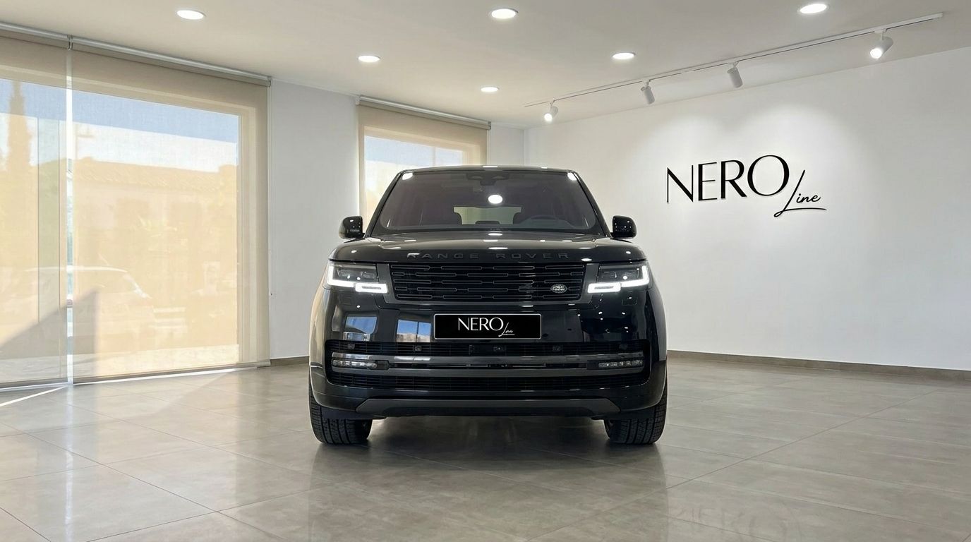 Front view of the black 2025 Range Rover Vogue LWB Autobiography in a modern showroom in Marbella.