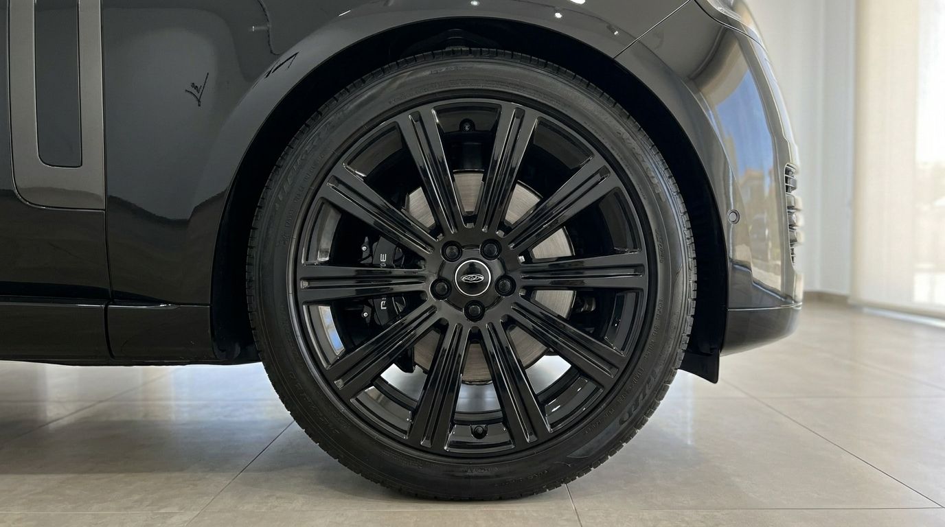 The gloss Santorini Black front wheel and tire of the Range Rover Vogue LWB Autobiography in Marbella, showcasing its sleek design.