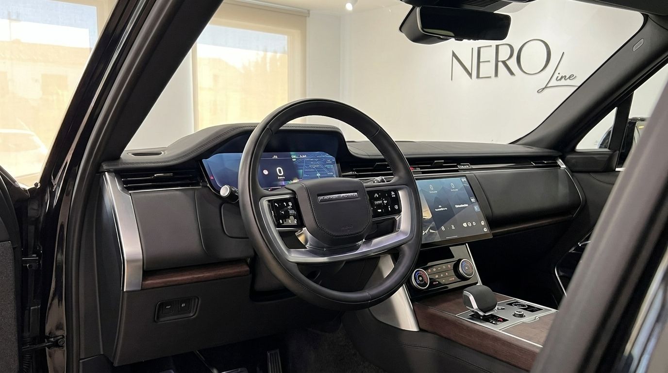 The luxurious cockpit of the 2025 Range Rover Vogue LWB Autobiography in Marbella, showcasing the steering wheel and digital displays.