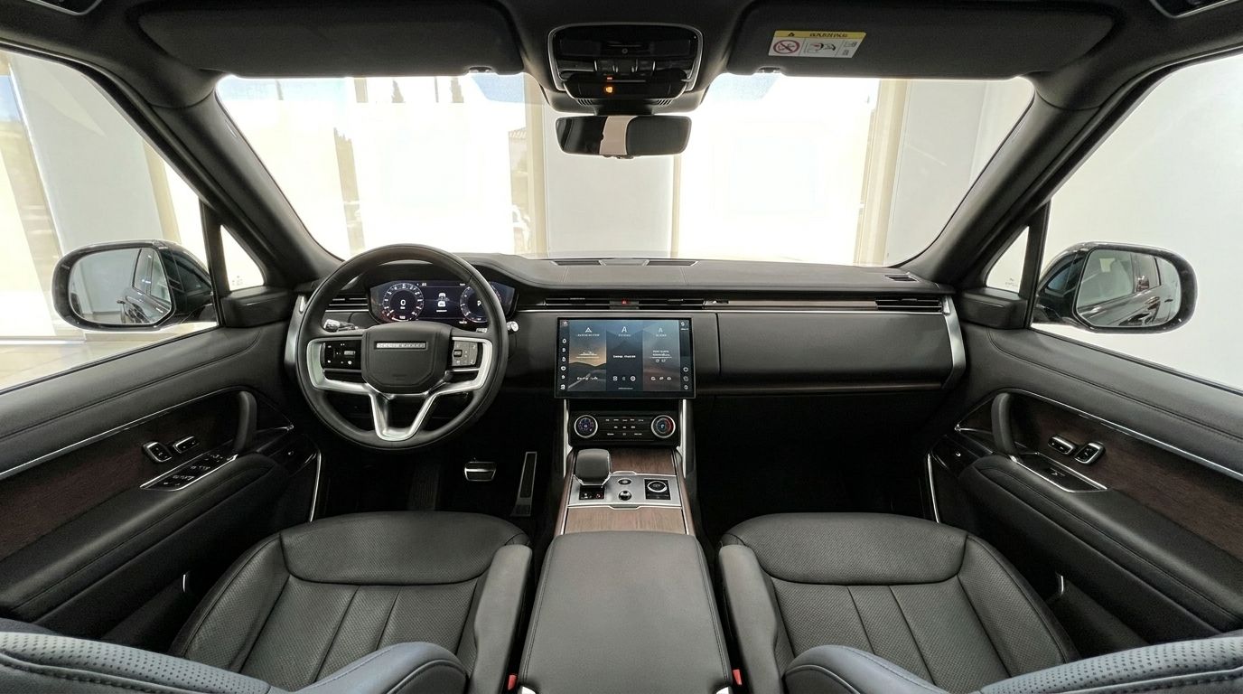 The luxurious interior of the Range Rover Vogue LWB Autobiography, showcasing the dashboard, steering wheel, and front seats in Marbella.