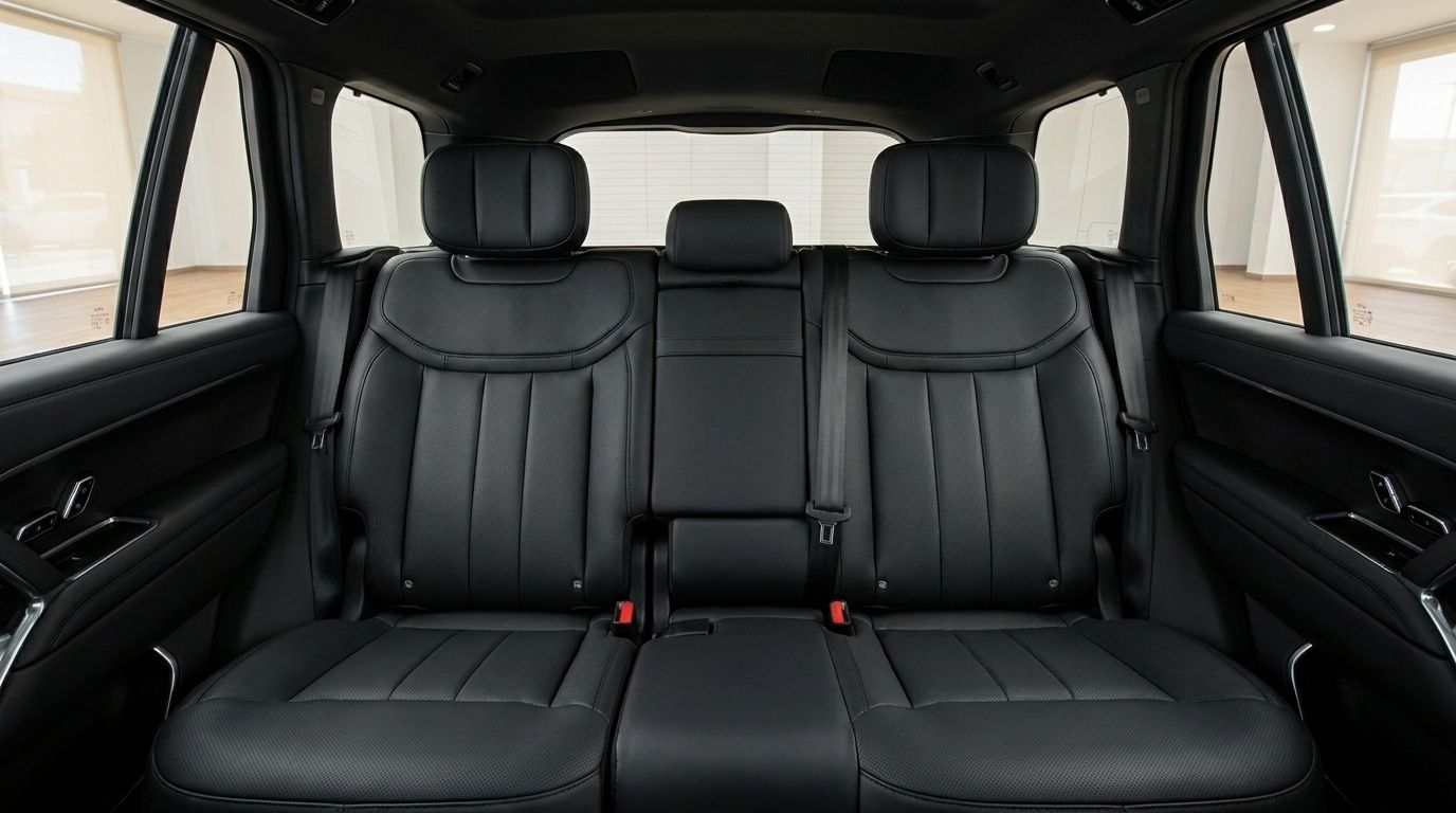 The luxurious black leather rear seats of the Range Rover Vogue LWB Autobiography in Marbella, showcasing comfort and design.