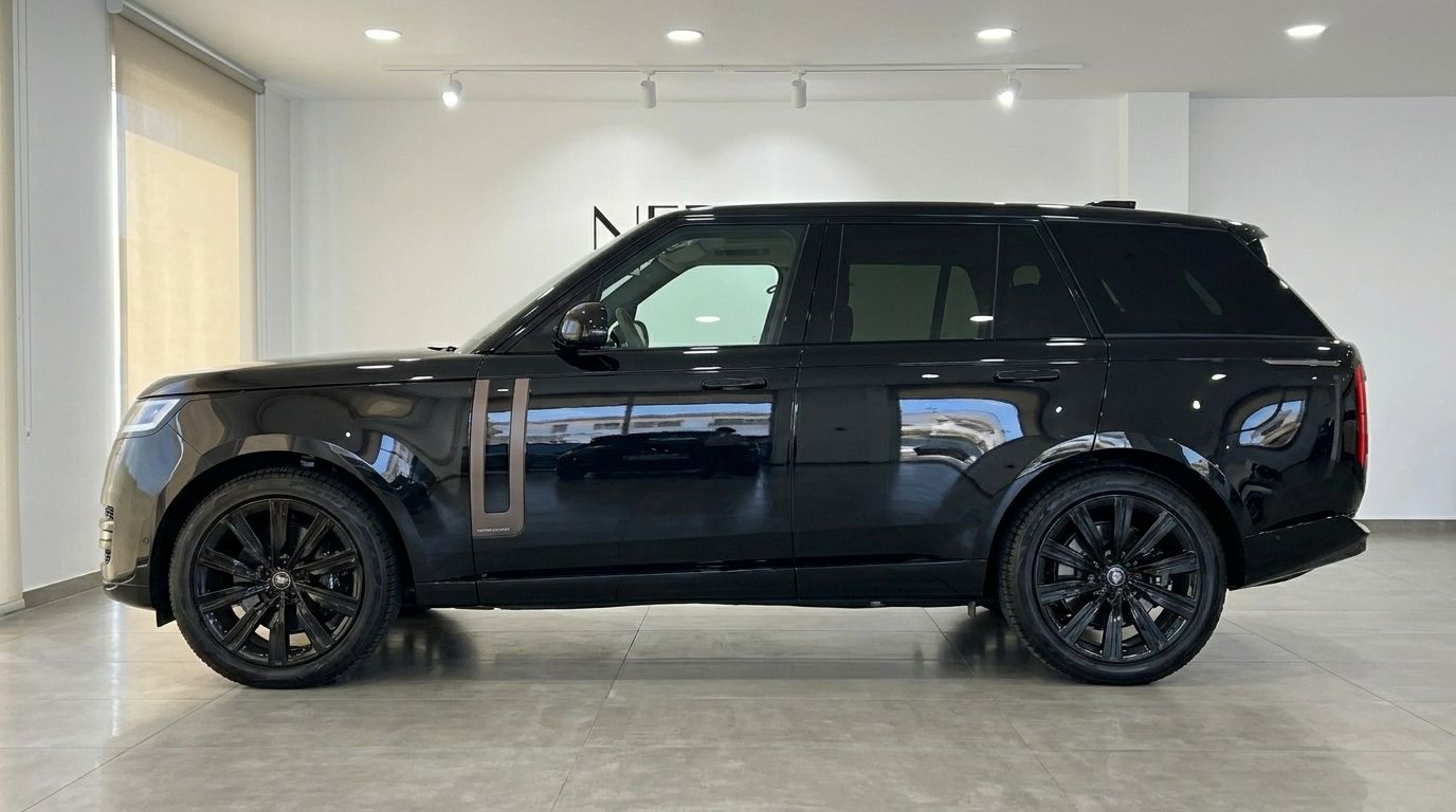 Le Range Rover Vogue SWB Autobiography 2023 noir Santorini brillant, présenté de profil à Marbella.