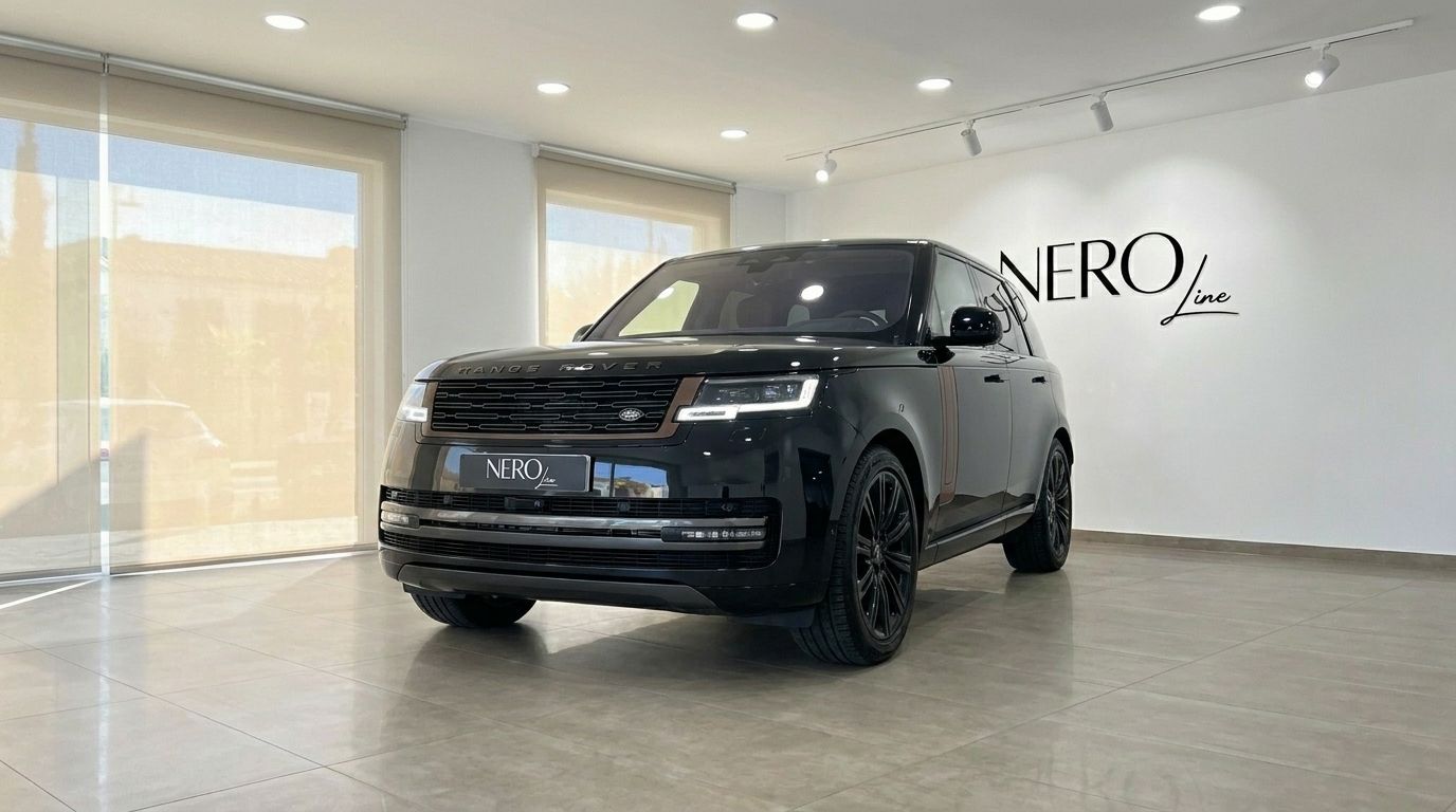 Le Range Rover Vogue SWB Autobiography 2023 noir Santorini brillant est présenté de face dans un showroom lumineux à Marbella.