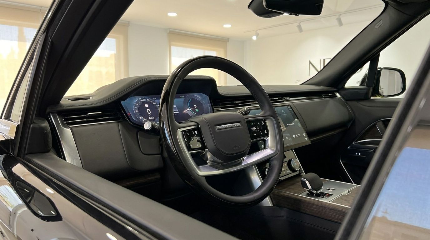 L'intérieur luxueux du Range Rover Vogue SWB Autobiography à Marbella, présentant son volant, son tableau de bord et sa console.
