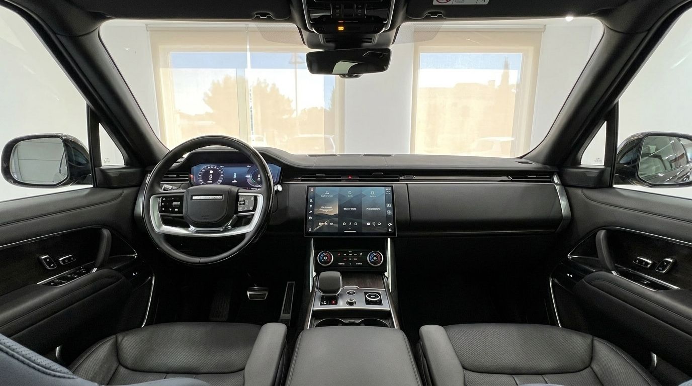 L'habitacle luxueux du Range Rover Vogue SWB Autobiography, avec volant, tableau de bord numérique et écran d'infodivertissement à Marbella.