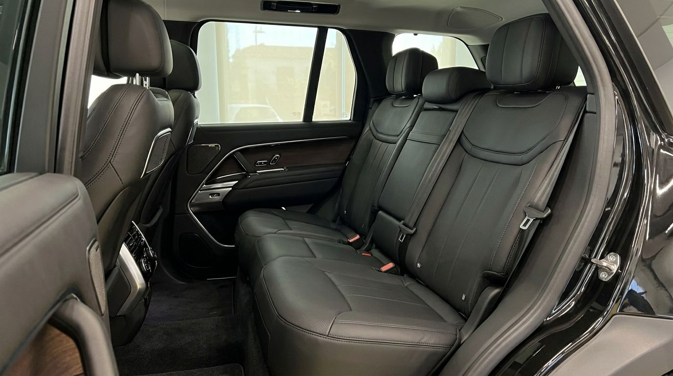 L'intérieur arrière luxueux en cuir noir du Range Rover Vogue SWB Autobiography 2023 à Marbella.