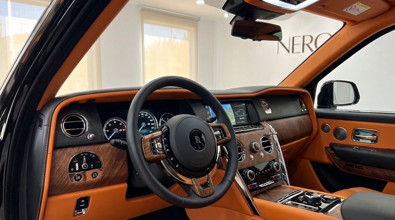 El lujoso habitáculo del Rolls-Royce Cullinan 2025 en Madrid, con cuero naranja vibrante y elegantes molduras de madera.