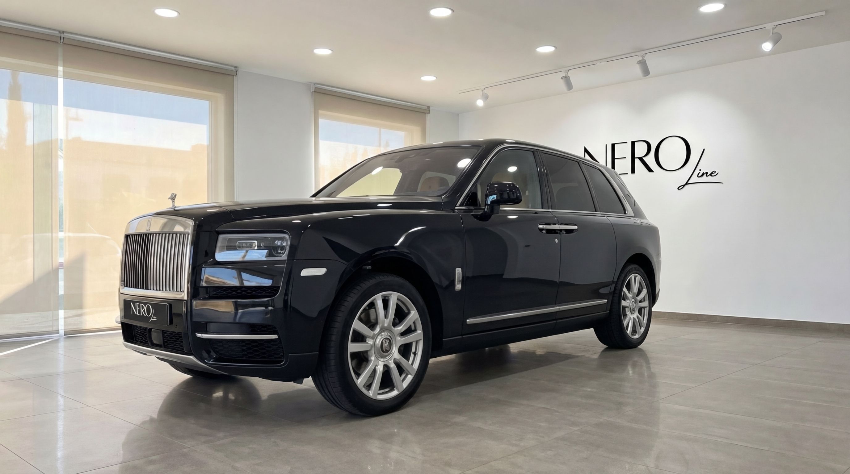 A jet black 2024 Rolls-Royce Cullinan luxury SUV is parked in a showroom in Ibiza, shown from the front three-quarter angle.