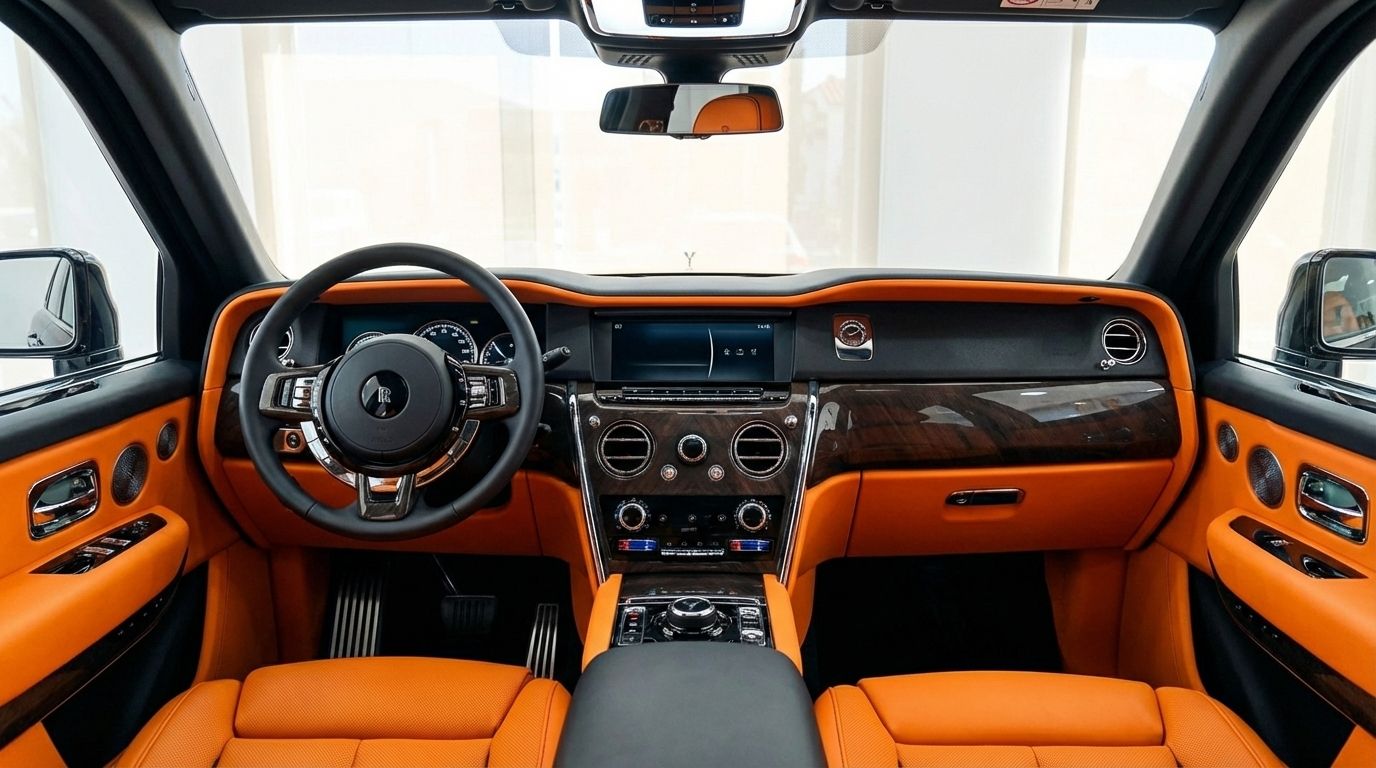 El lujoso habitáculo interior del Rolls-Royce Cullinan en Madrid, con asientos de cuero naranja vibrante y un salpicadero de madera pulida.