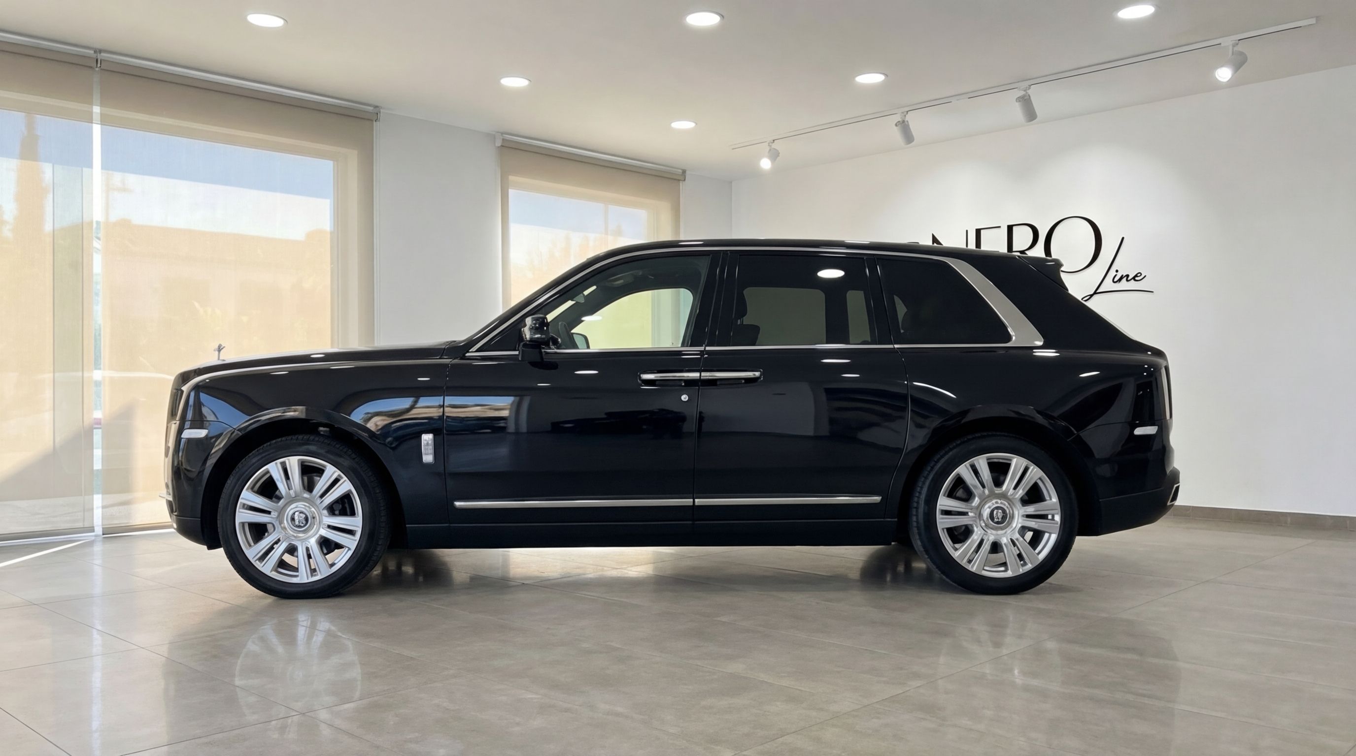 The jet black 2024 Rolls-Royce Cullinan is showcased in a showroom, viewed from its elegant side profile.