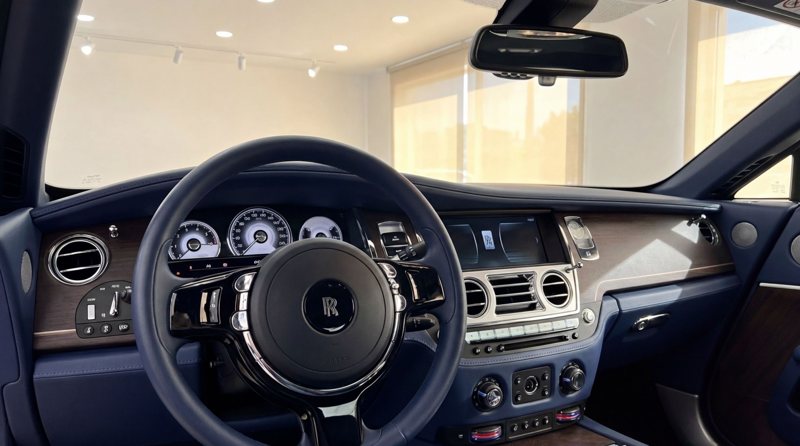The luxurious blue and wood-trimmed cockpit and dashboard of a Rolls-Royce Dawn in Barcelona.