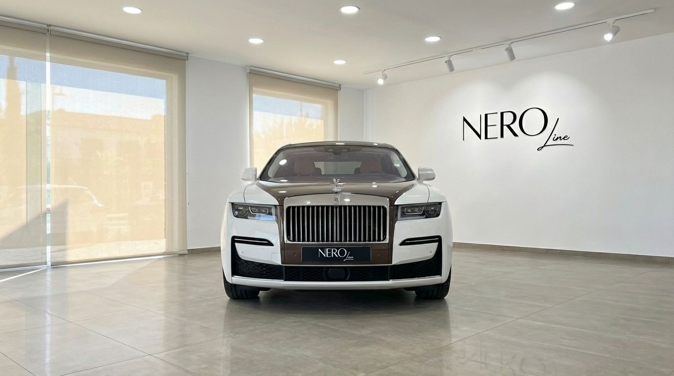 El Rolls-Royce Ghost Amber Roads, un sedán de lujo blanco y marrón, se exhibe prominentemente de frente en un showroom en Madrid.