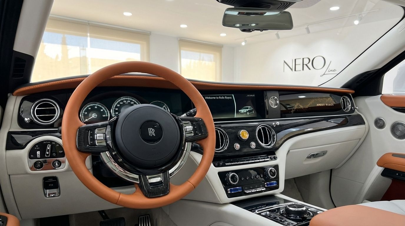 El lujoso interior del Rolls-Royce Ghost Amber Roads en Madrid, mostrando el elegante volante marrón y el detallado salpicadero.