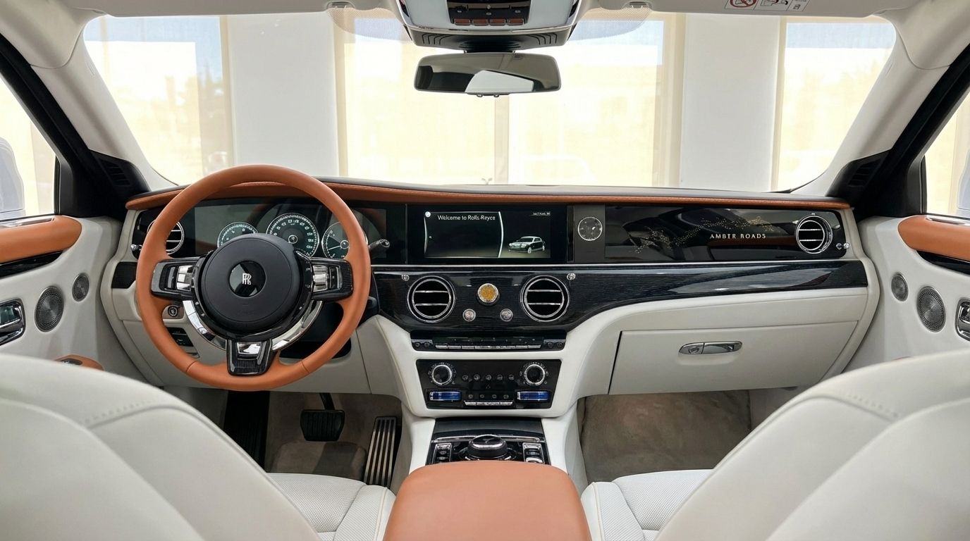 El lujoso interior del Rolls-Royce Ghost Amber Roads en Madrid, con volante marrón, salpicadero blanco y pantalla de infoentretenimiento.