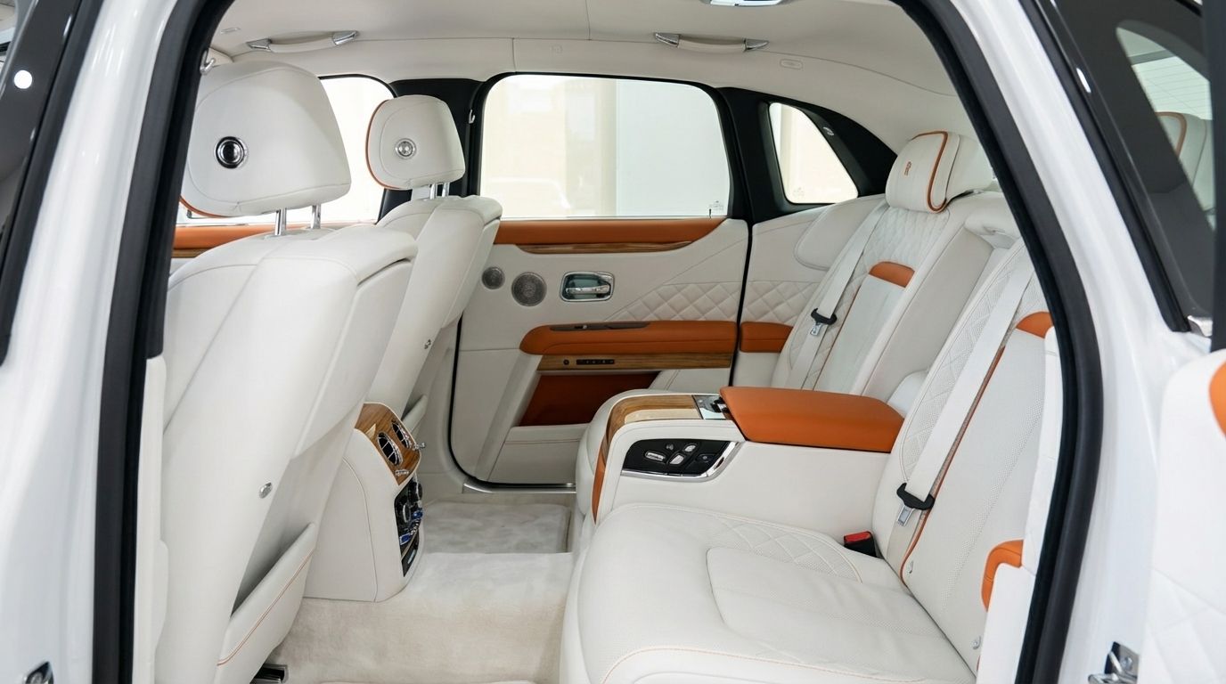 El lujoso interior trasero del Rolls-Royce Ghost Amber Roads en Madrid, con asientos de cuero blanco y marrón y molduras de madera.