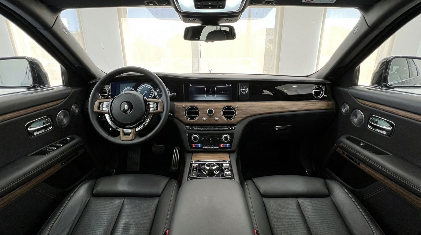 The luxurious black leather interior and wooden dashboard of the Rolls-Royce Ghost, showcasing its elegant cockpit in Marbella.
