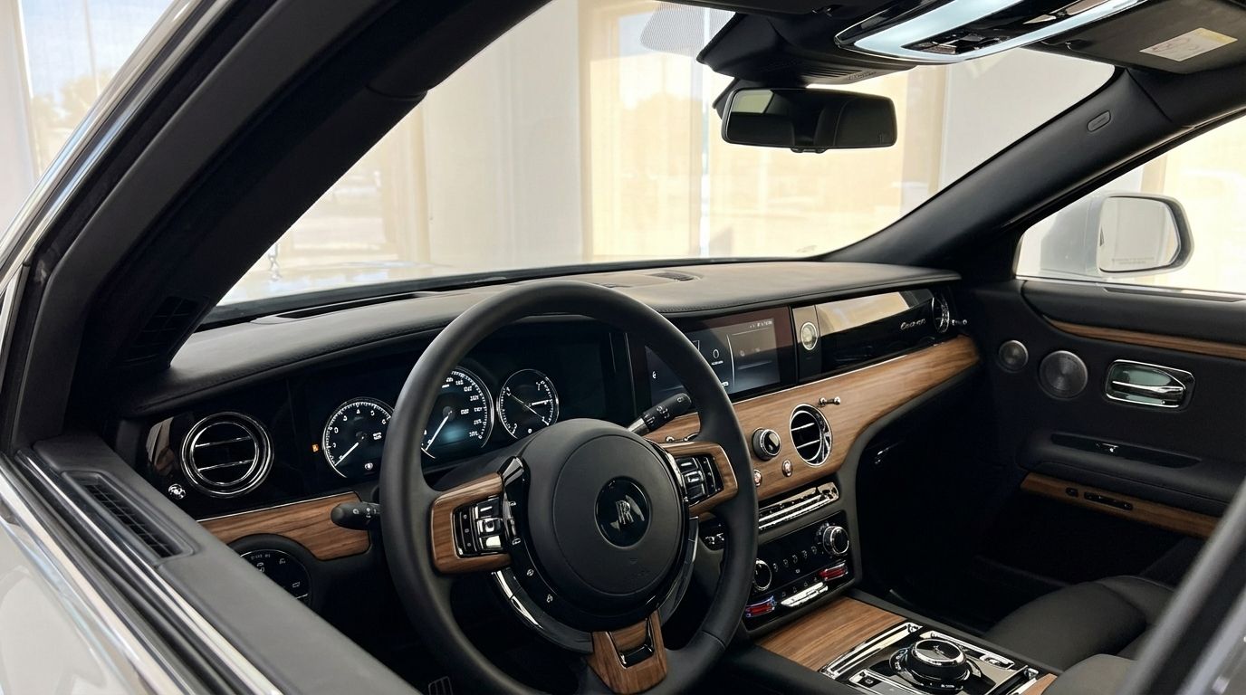 The luxurious black interior of the 2025 Rolls-Royce Ghost in Marbella, featuring its elegant steering wheel and wood-trimmed dashboard.
