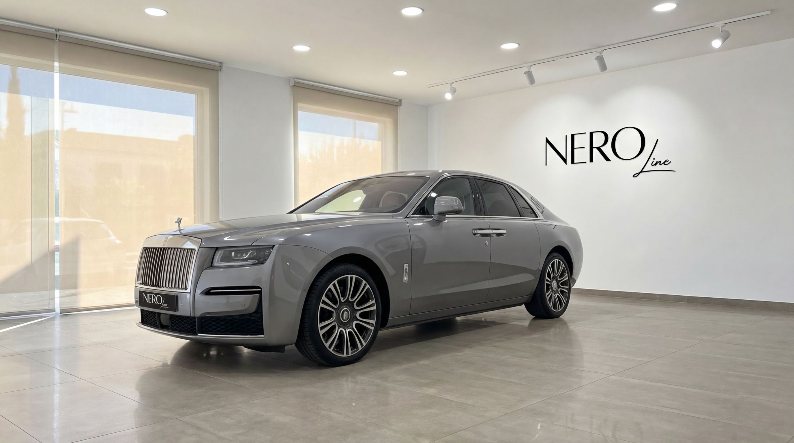 Une Rolls-Royce Ghost gris métallisé, présentant son élégant profil avant et latéral dans un showroom moderne à Madrid.