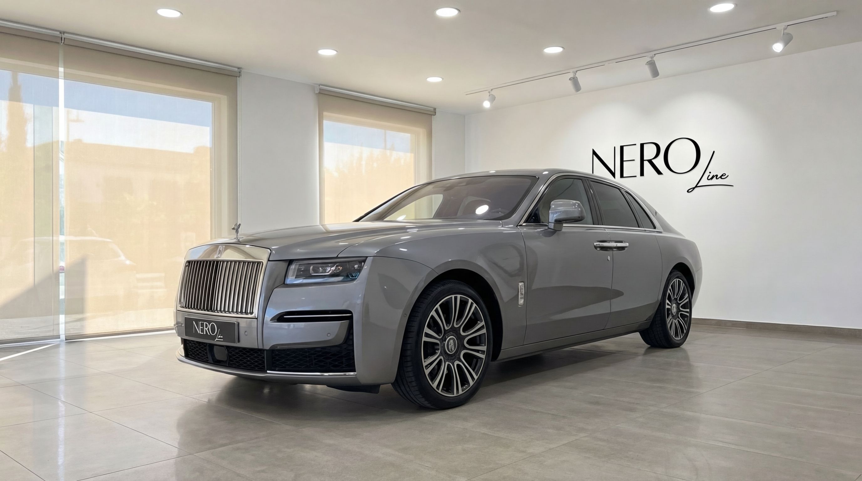 The metallic gray Rolls-Royce Ghost is elegantly parked in a showroom, showcasing its luxurious front three-quarter view in Valencia.