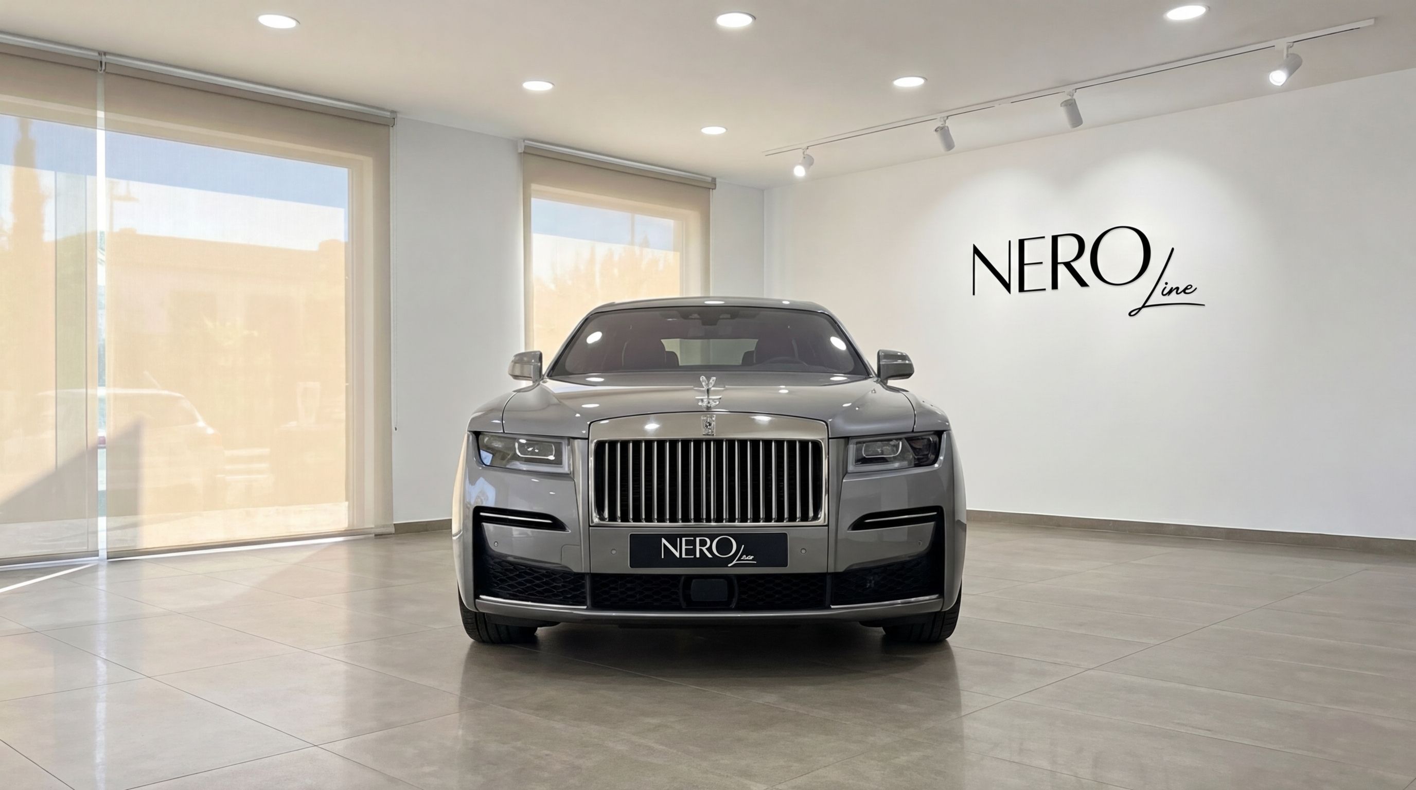 L'élégante Rolls-Royce Ghost gris métallisé de 2024 est présentée de face dans un showroom lumineux NEROline à Madrid.