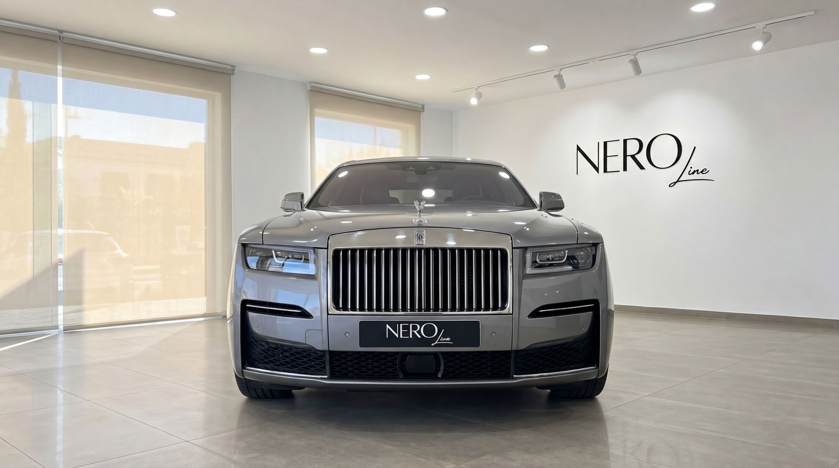 The metallic gray 2024 Rolls-Royce Ghost luxury sedan is prominently displayed in a showroom in Valencia, viewed from the front.